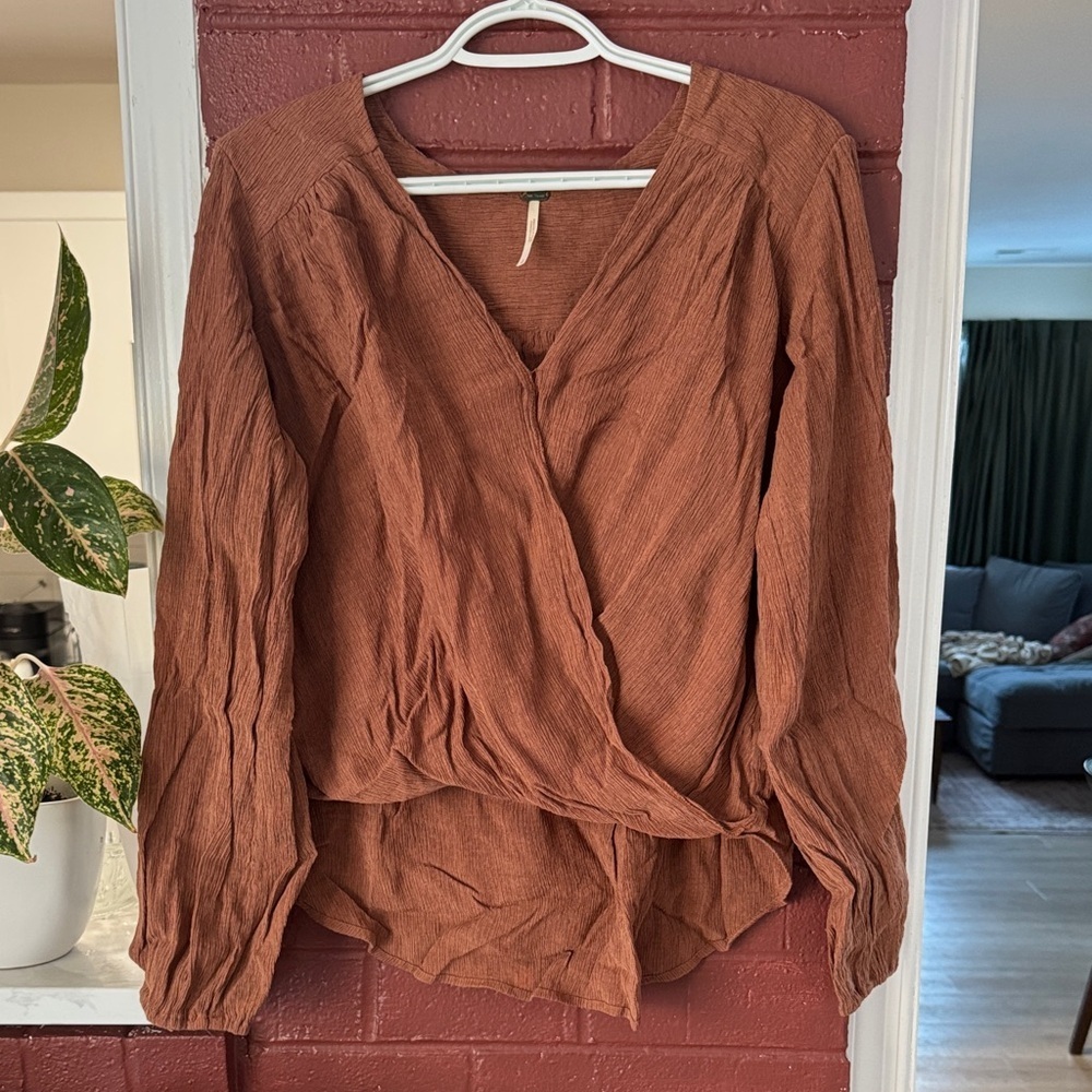 Free People Brown Wrap High-Lo Blouse Small